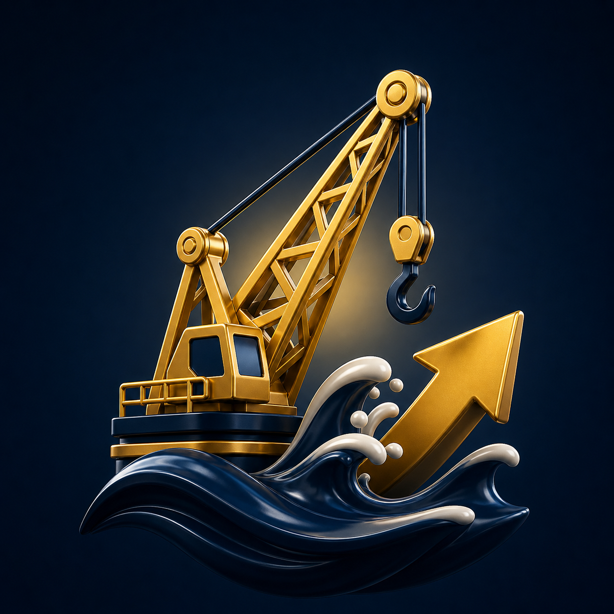 Gold marine crane rising from navy waves — Framav Dredging